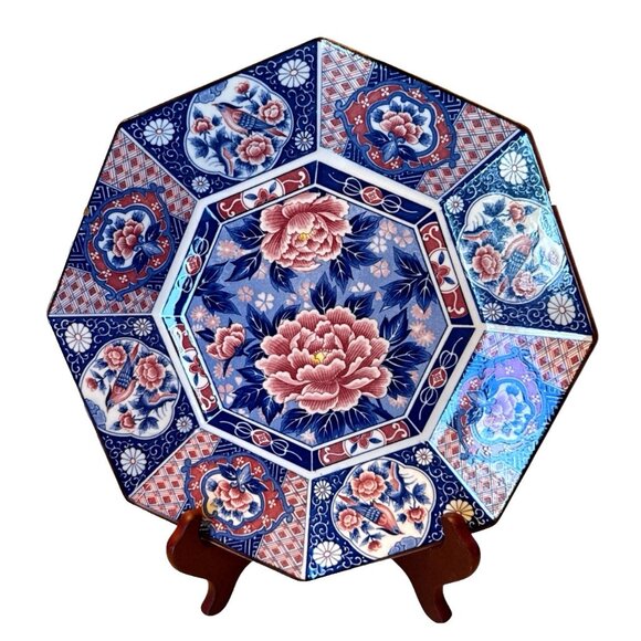 Vtg 1989 Albert Kessler Bird & Flower Blue & Pink Octagon Plate Tray 12.5 Japan. - Picture 1 of 8